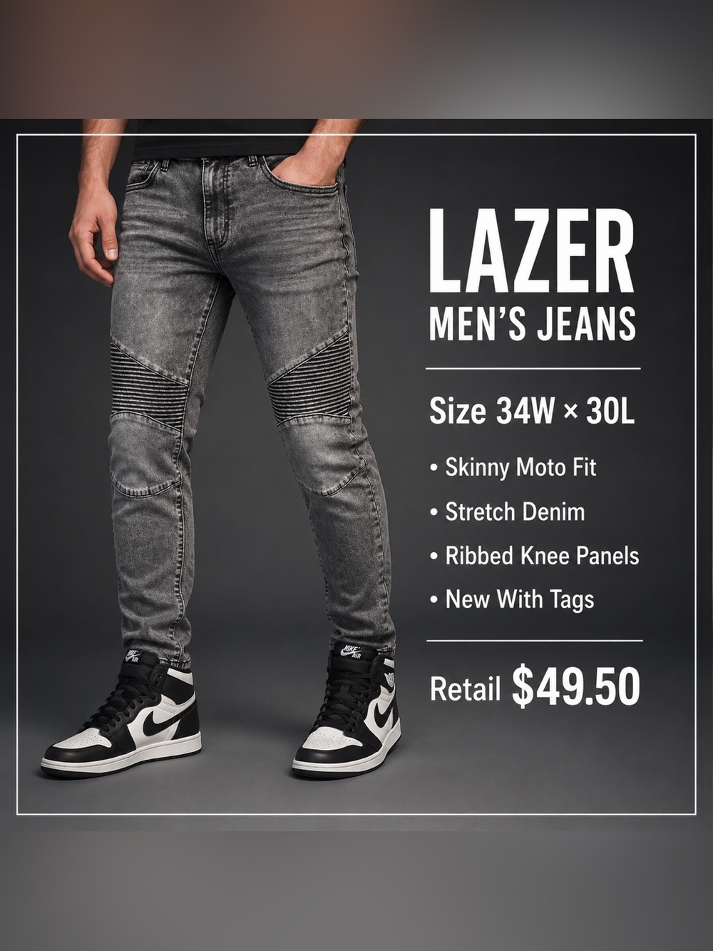 Mens 34x30 NWT Lazer Jacob Men’s Skinny Moto Biker Stretch Jeans Gray Black